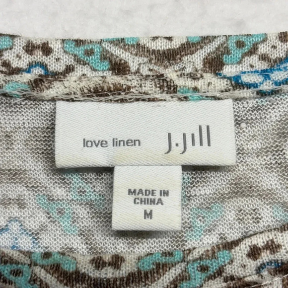 J Jill Love 100% Linen Tunic Blouse Blue Brown Printed M - Picture 3 of 7